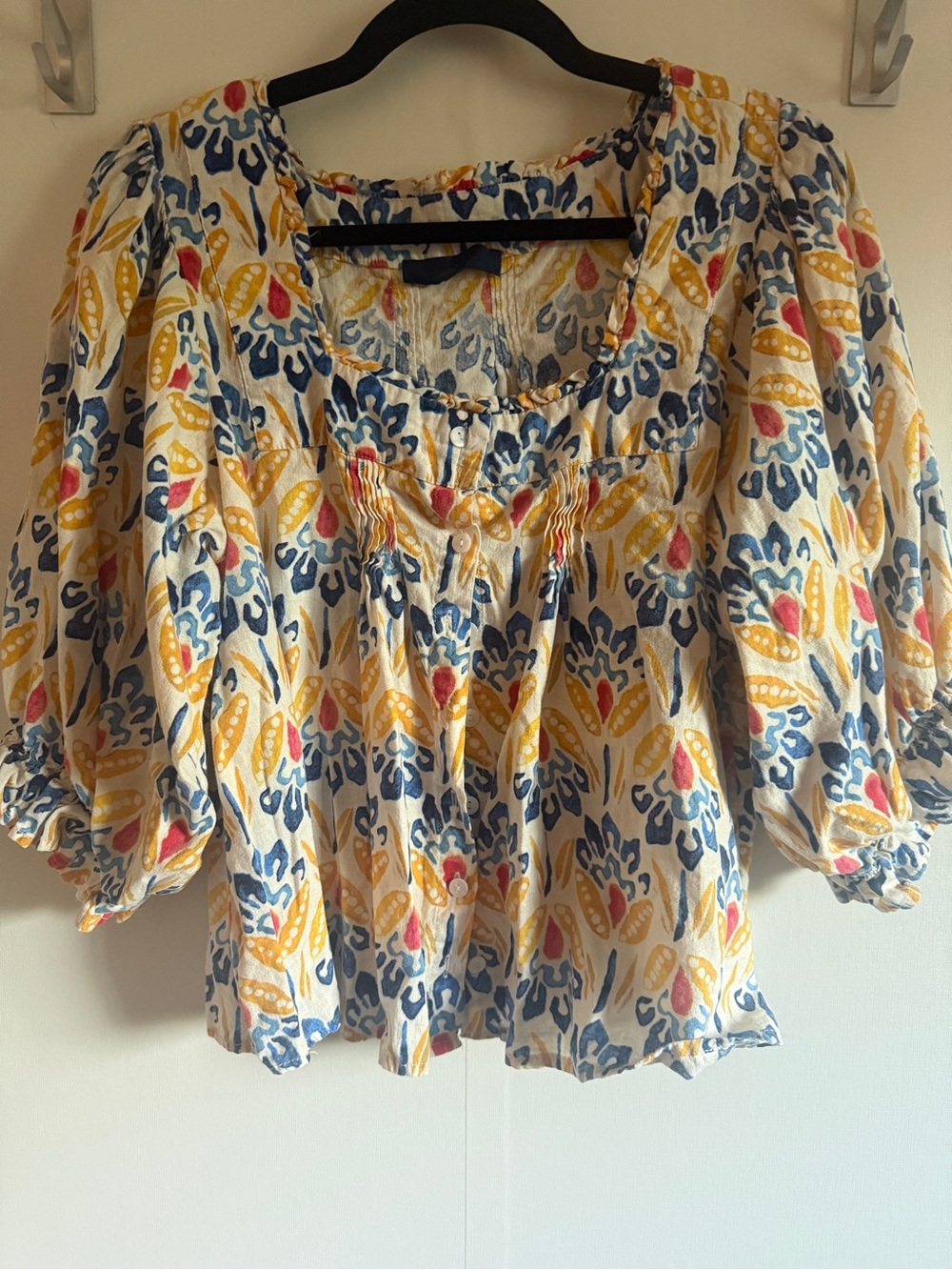Rachel Roy Linen Blend Floral Peasant Blouse XL Puff Sleeve Boho Cottagecore